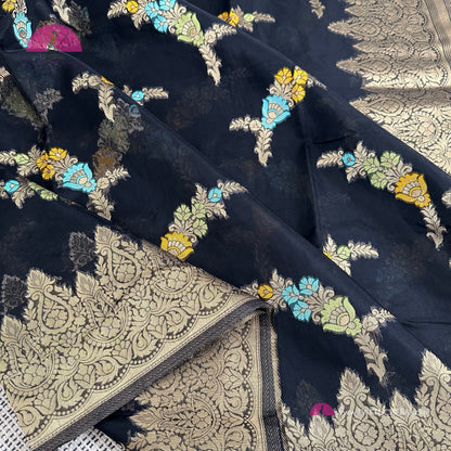 Black Banarasi Organza Saree with Floral motifs and Gold zari borders