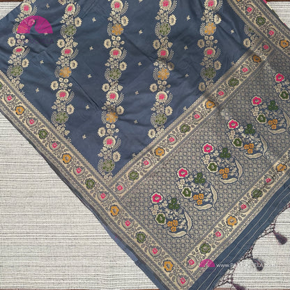 Grey Banarasi Soft Silk Leheriya Saree with Meenakari weaves with STITCHED BLOUSE