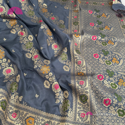 Grey Banarasi Soft Silk Leheriya Saree with Meenakari weaves with STITCHED BLOUSE