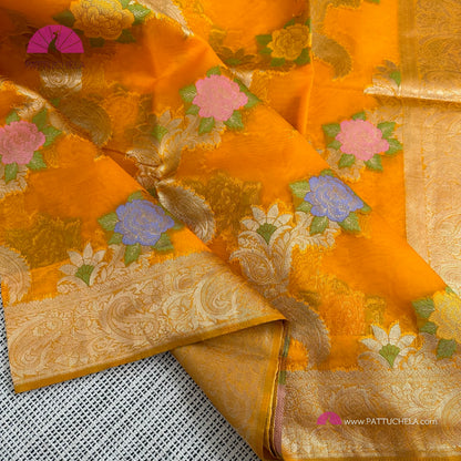 Amber Yellow Banarasi Organza Floral Tilfi Saree with STITCHED BLOUSE