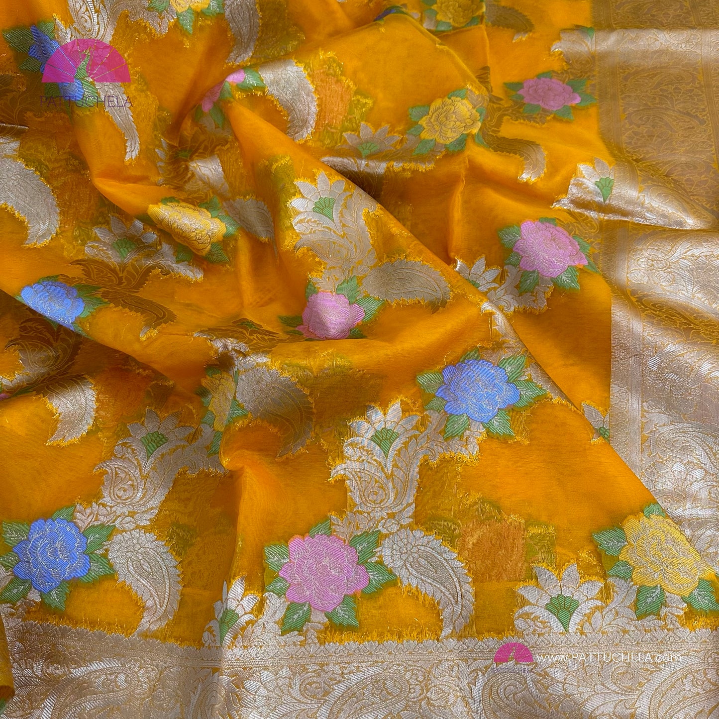 Amber Yellow Banarasi Organza Floral Tilfi Saree with STITCHED BLOUSE