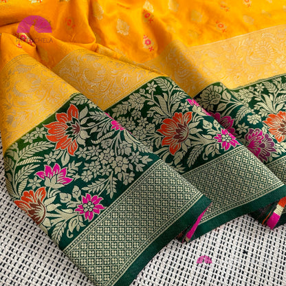Mango Yellow Banarasi Soft Silk Meenakari Saree with STITCHED BLOUSE