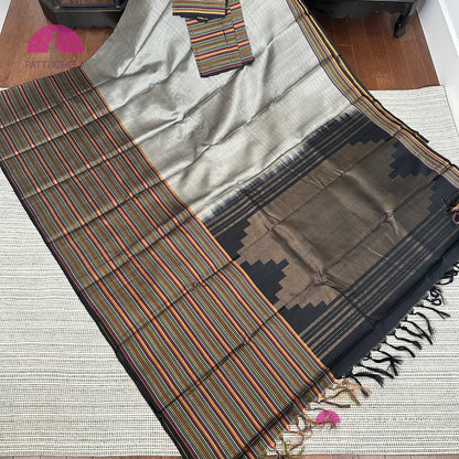 Grey Kanchipuram Soft Silk Saree with Unique Border in multiple Hues | Soft Silk Saree | Contemporary Pattern | Silk mark Certified | Kanjivaram Silks