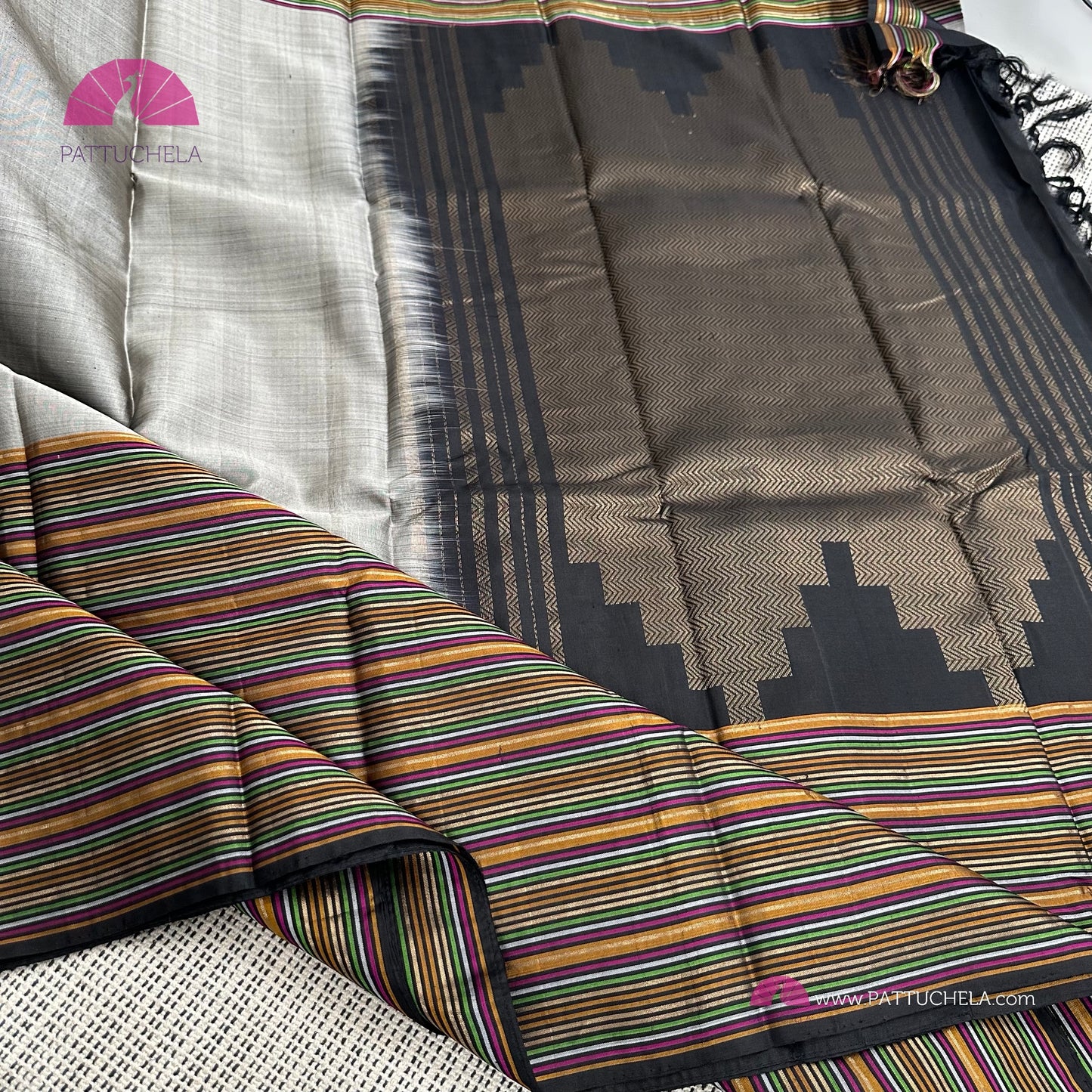 Grey Kanchipuram Soft Silk Saree with Unique Border in multiple Hues | Soft Silk Saree | Contemporary Pattern | Silk mark Certified | Kanjivaram Silks