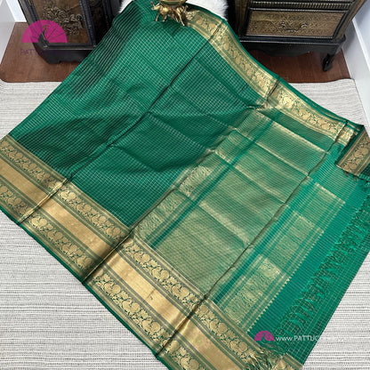 Green Pure Kanchipuram Checked Handloom SILK MARK CERTIFIED Saree