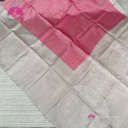 Pastel Pink Kanchipuram Handloom Soft Silk Saree with Mandala Motif Borders | SILK MARK CERTIFIED | Kanjivaram Silks