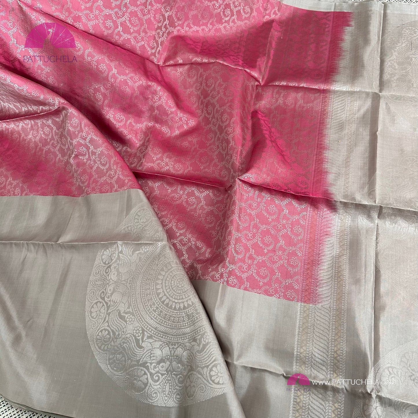 Pastel Pink Kanchipuram Handloom Soft Silk Saree with Mandala Motif Borders | SILK MARK CERTIFIED | Kanjivaram Silks