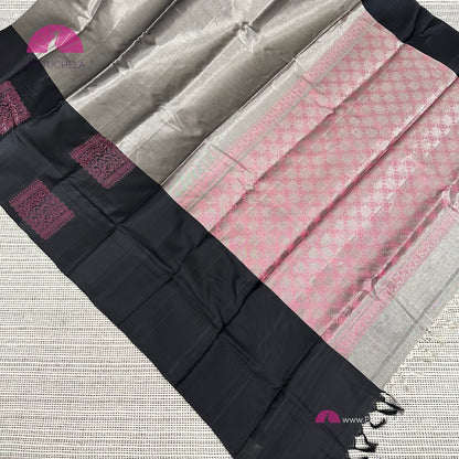 Grey Kanchipuram Handloom SILK MARK CERTIFIED Tissue Silk Saree with Black Border