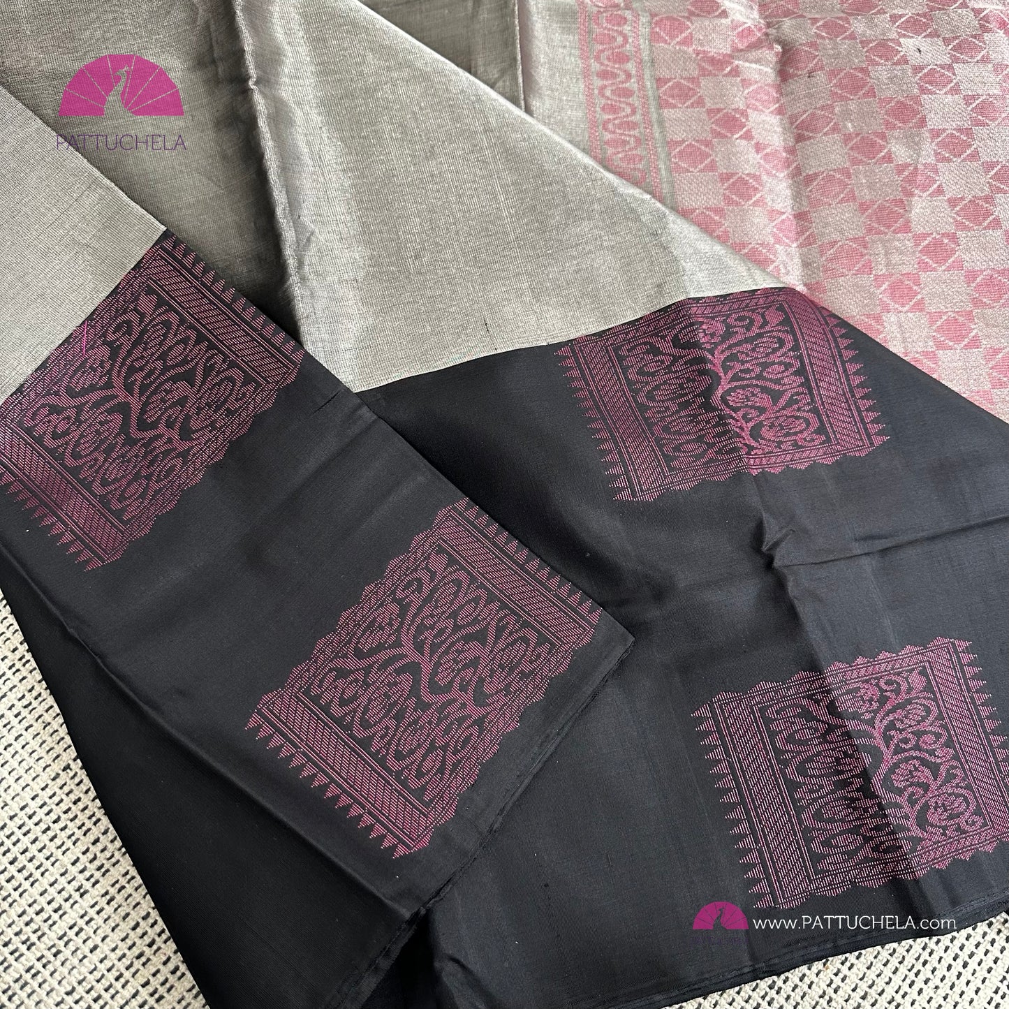 Grey Kanchipuram Handloom SILK MARK CERTIFIED Tissue Silk Saree with Black Border