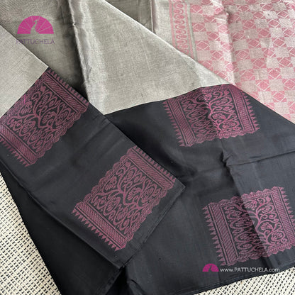 Grey Kanchipuram Handloom SILK MARK CERTIFIED Tissue Silk Saree with Black Border