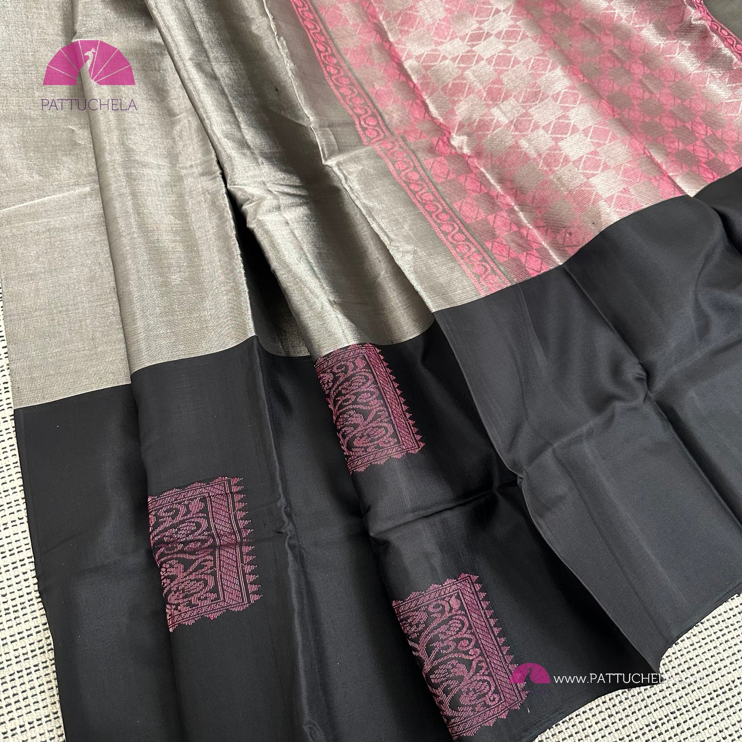 Grey Kanchipuram Handloom SILK MARK CERTIFIED Tissue Silk Saree with Black Border