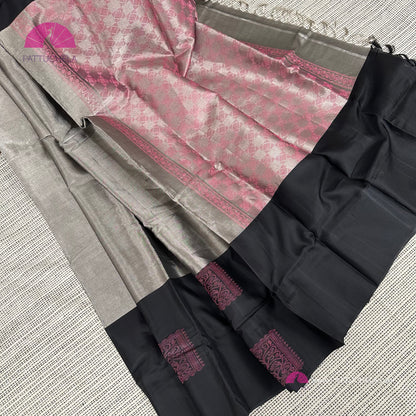 Grey Kanchipuram Handloom SILK MARK CERTIFIED Tissue Silk Saree with Black Border