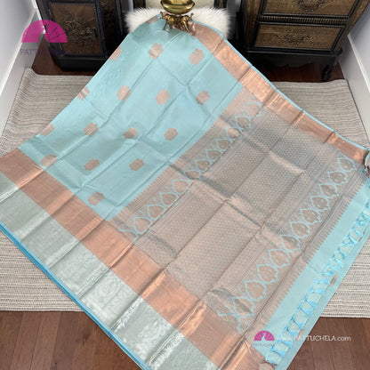 Pastel Blue Kanchipuram Handloom SILK MARK CERTIFIED Saree with dual zari borders