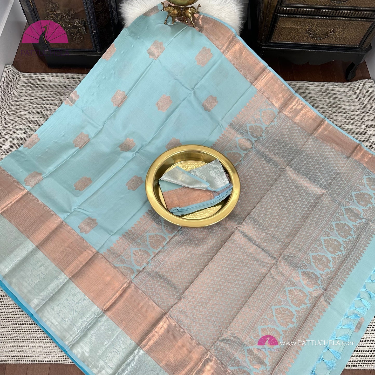 Pastel Blue Kanchipuram Handloom SILK MARK CERTIFIED Saree with dual zari borders