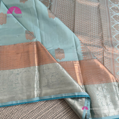 Pastel Blue Kanchipuram Handloom SILK MARK CERTIFIED Saree with dual zari borders