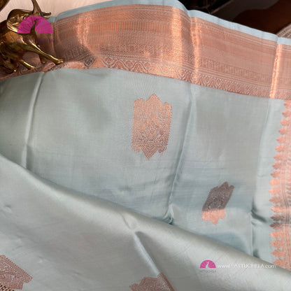 Pastel Blue Kanchipuram Handloom SILK MARK CERTIFIED Saree with dual zari borders