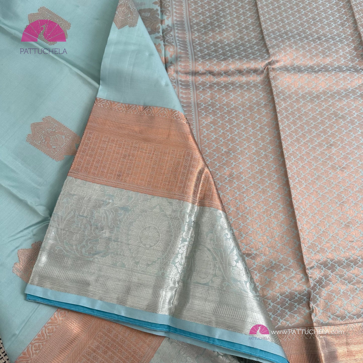 Pastel Blue Kanchipuram Handloom SILK MARK CERTIFIED Saree with dual zari borders