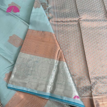 Pastel Blue Kanchipuram Handloom SILK MARK CERTIFIED Saree with dual zari borders