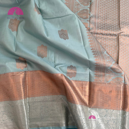 Pastel Blue Kanchipuram Handloom SILK MARK CERTIFIED Saree with dual zari borders