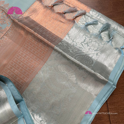 Pastel Blue Kanchipuram Handloom SILK MARK CERTIFIED Saree with dual zari borders