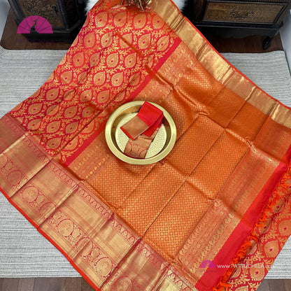 Pink & Orange Dual Tone Floral Kanchipuram Handloom SILK MARK CERTIFIED Saree