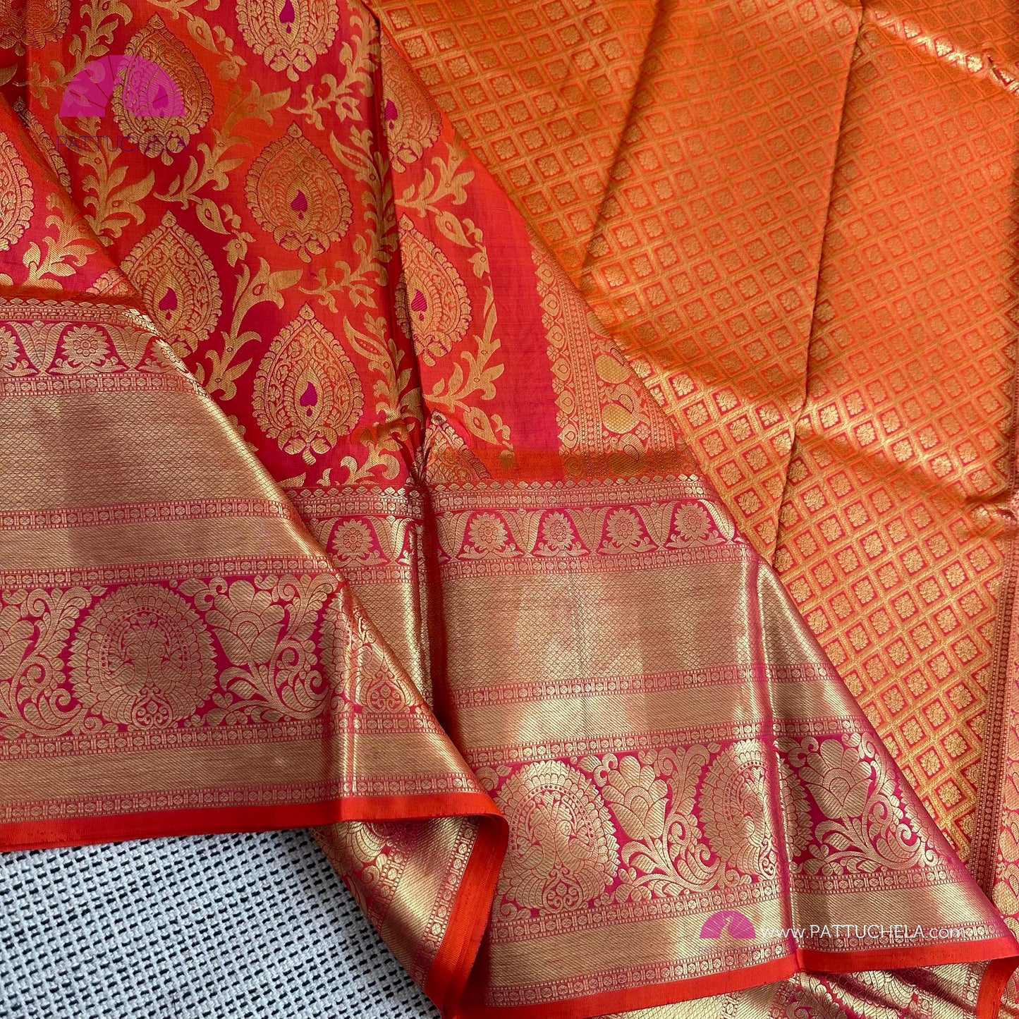 Pink & Orange Dual Tone Floral Kanchipuram Handloom SILK MARK CERTIFIED Saree