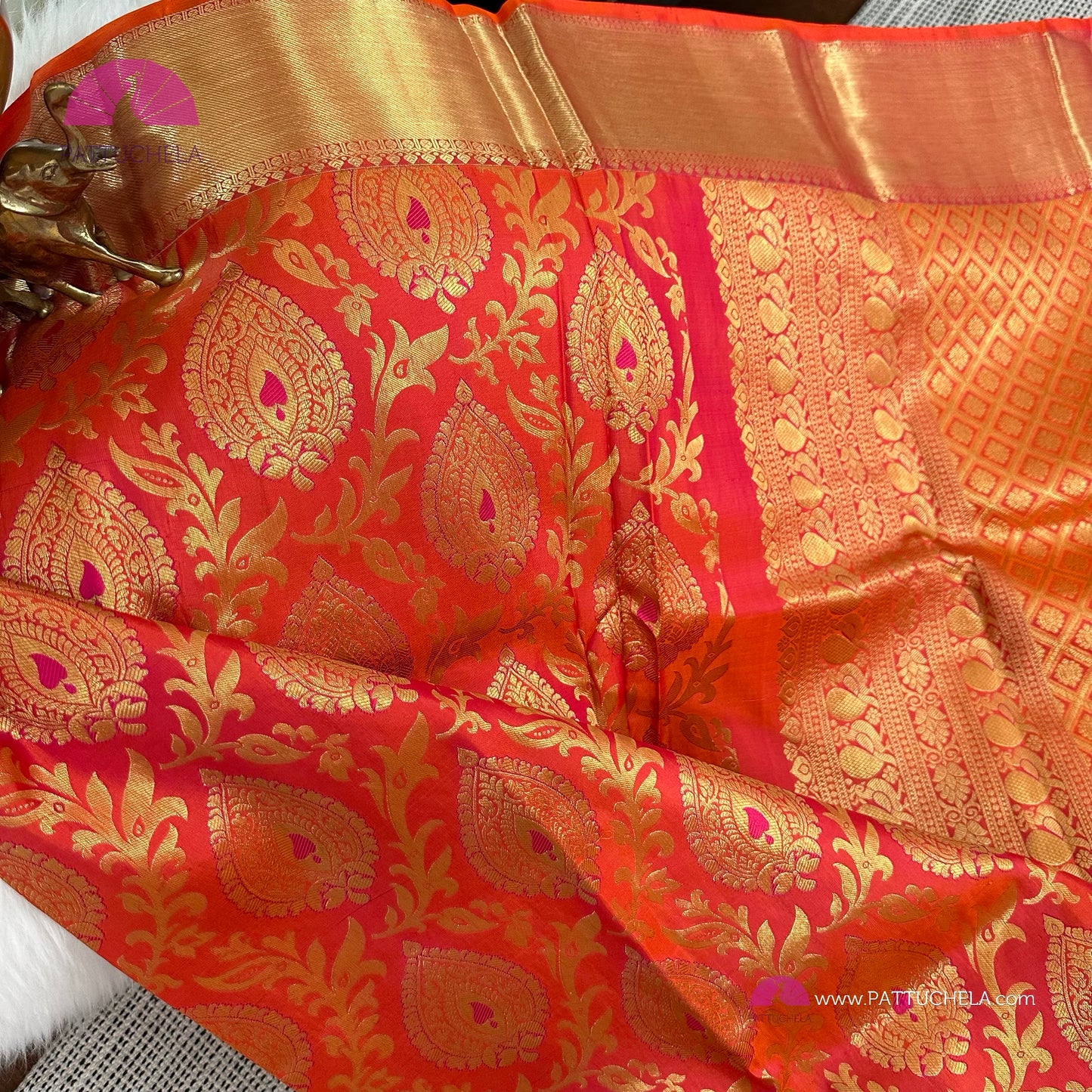 Pink & Orange Dual Tone Floral Kanchipuram Handloom SILK MARK CERTIFIED Saree