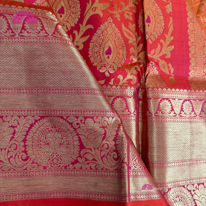 Pink & Orange Dual Tone Floral Kanchipuram Handloom SILK MARK CERTIFIED Saree