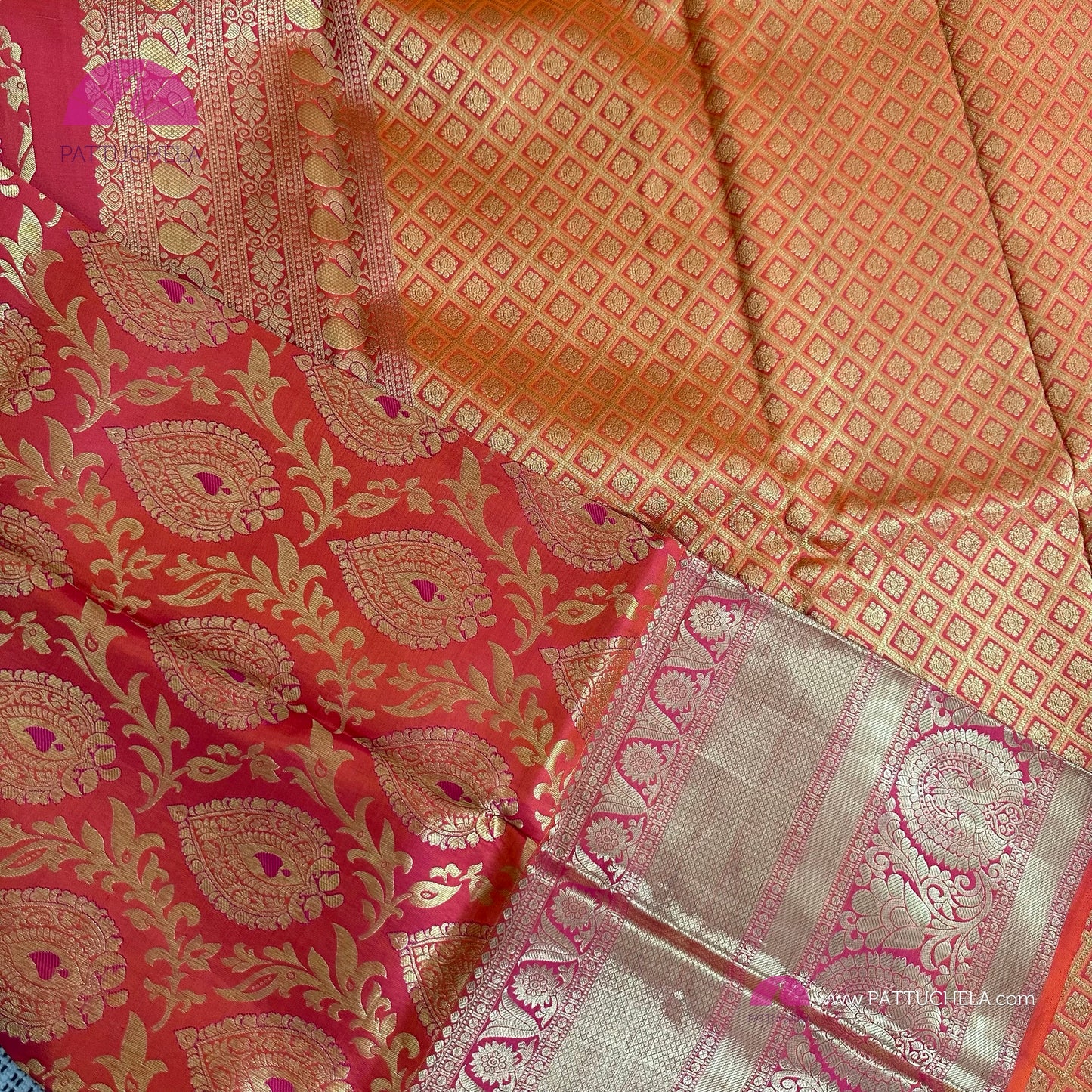 Pink & Orange Dual Tone Floral Kanchipuram Handloom SILK MARK CERTIFIED Saree