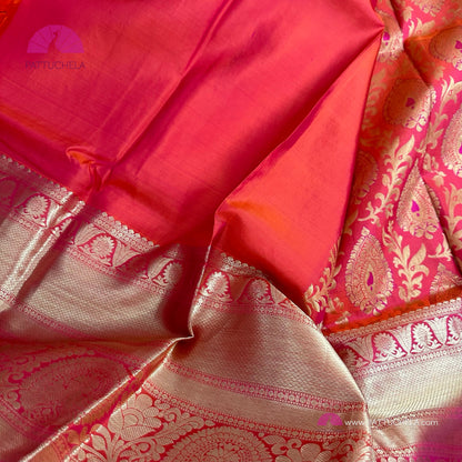 Pink & Orange Dual Tone Floral Kanchipuram Handloom SILK MARK CERTIFIED Saree