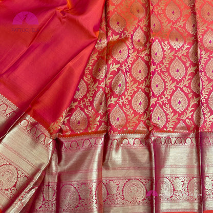 Pink & Orange Dual Tone Floral Kanchipuram Handloom SILK MARK CERTIFIED Saree