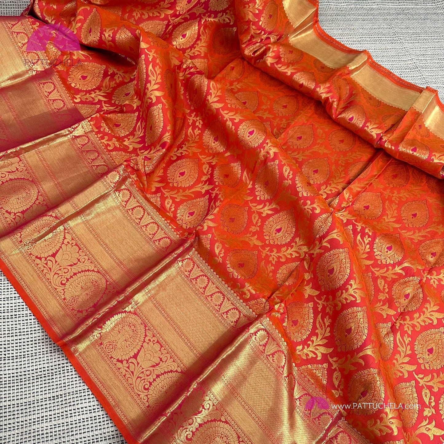 Pink & Orange Dual Tone Floral Kanchipuram Handloom SILK MARK CERTIFIED Saree