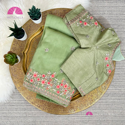 Pastel Pista Green Organza Silk Saree with Embroidery | Designer & Party Wear | Organza Silks