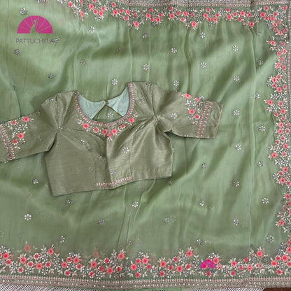 Pastel Pista Green Organza Silk Saree with Embroidery | Designer & Party Wear | Organza Silks