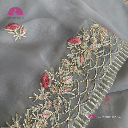 Taupe Grey Organza Silk Saree with Gotapati and Resham work | Designer & Party Wear | Organza Saree