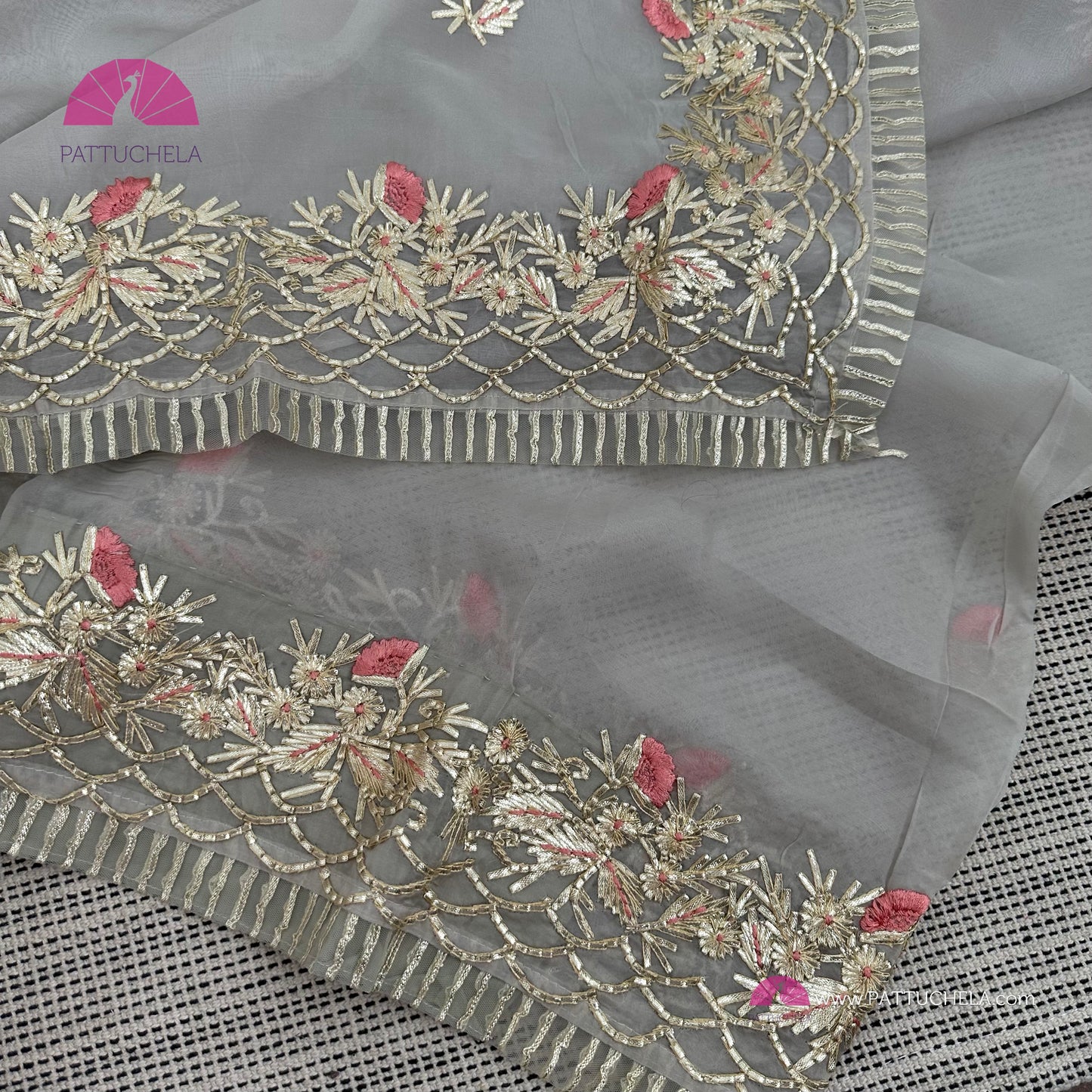 Taupe Grey Organza Silk Saree with Gotapati and Resham work | Designer & Party Wear | Organza Saree