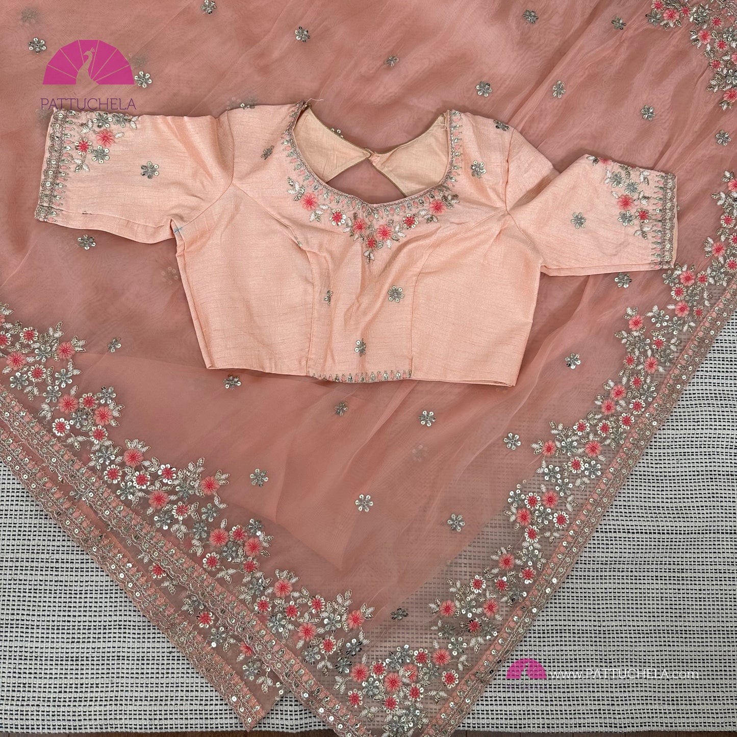Pastel Peach Organza Silk Saree with Embroidery | Designer & Party Wear | Organza Silks