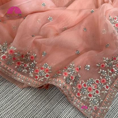 Pastel Peach Organza Silk Saree with Embroidery | Designer & Party Wear | Organza Silks