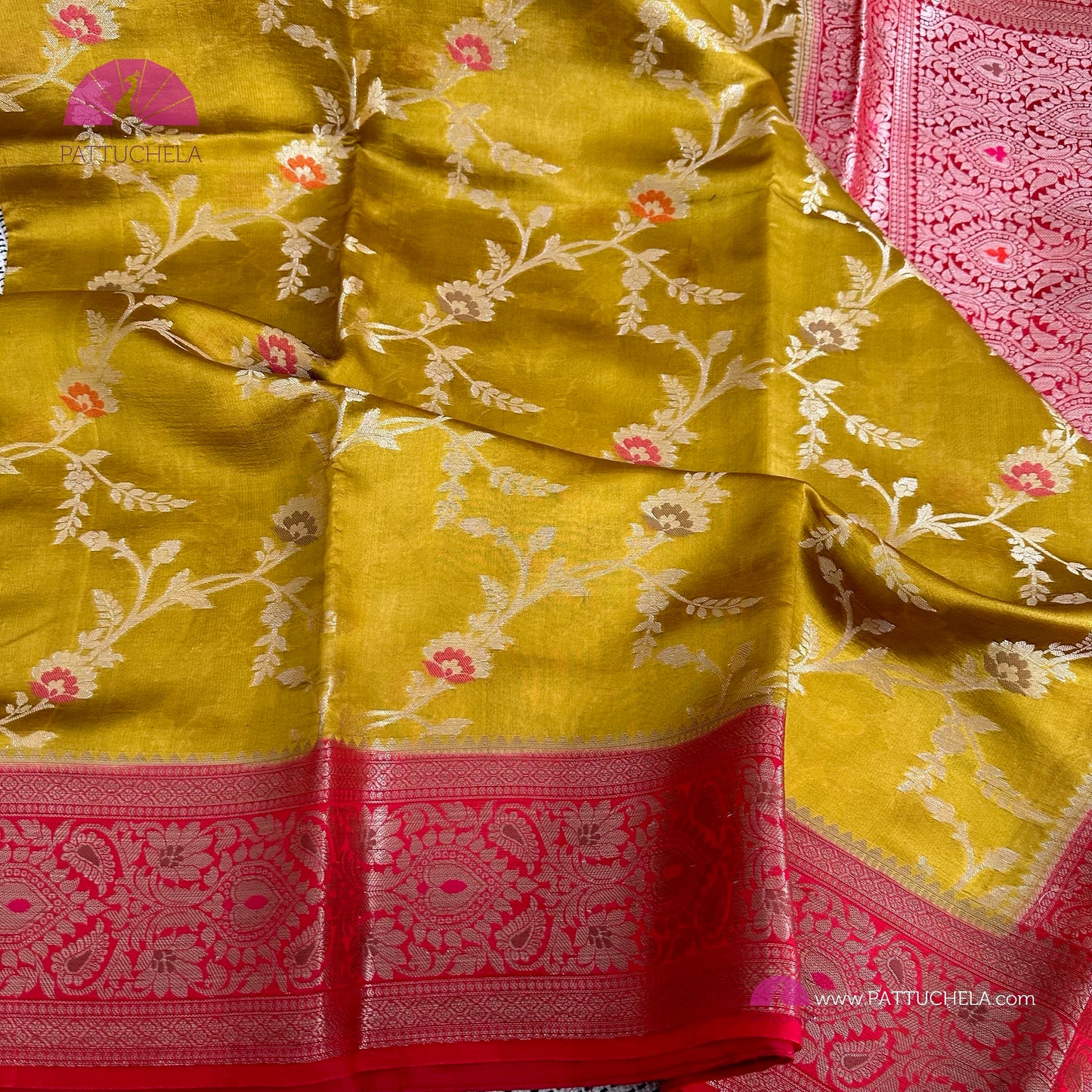 Mustard Banarasi Handloom Soft Silk Saree with Meenakari Jaal weaves