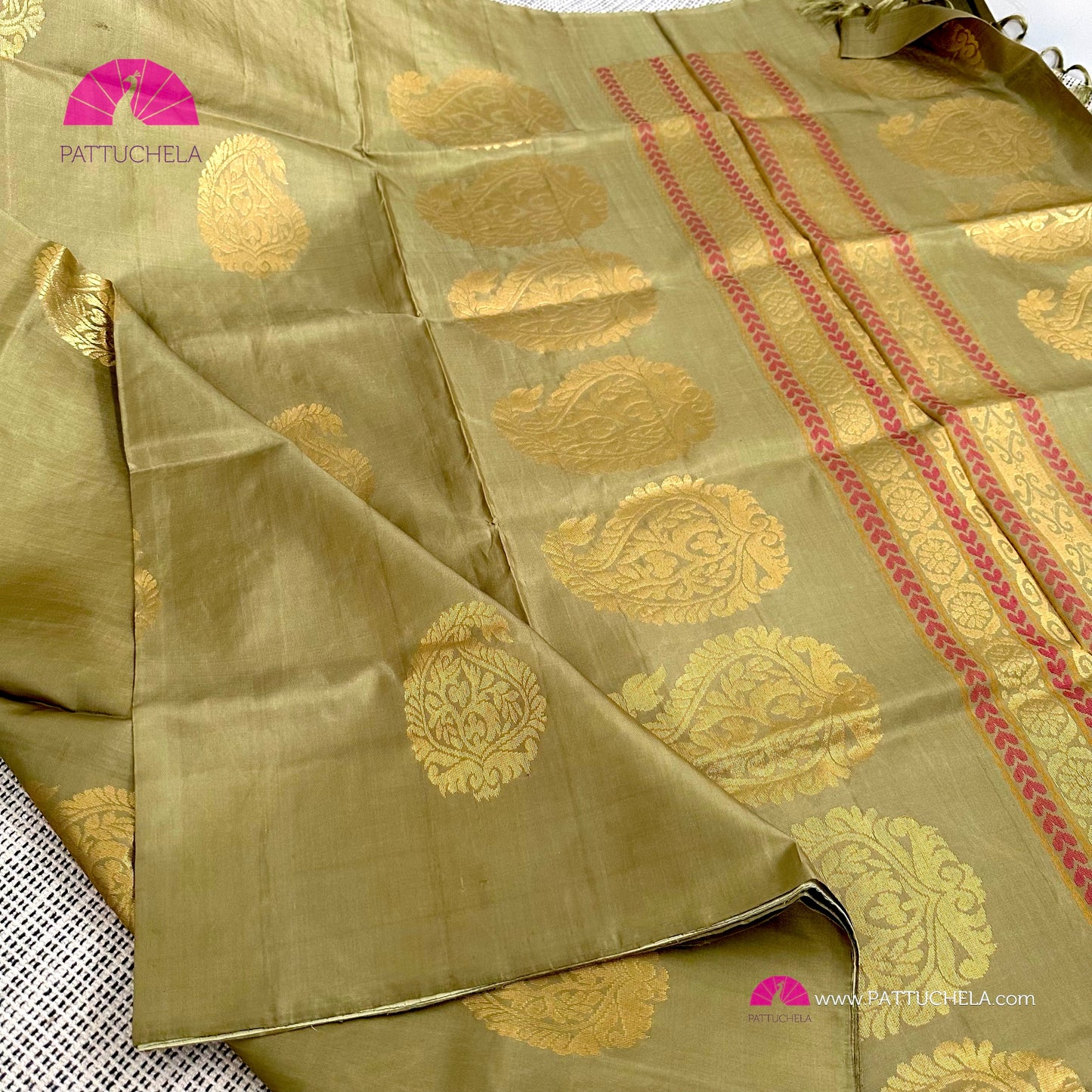 Olive Green Pure Kanchipuram Borderless Soft Silk Saree with Paisley Zari Motifs | Wedding Saree | SILKMARK CERTIFIED | Kanjivaram Silks