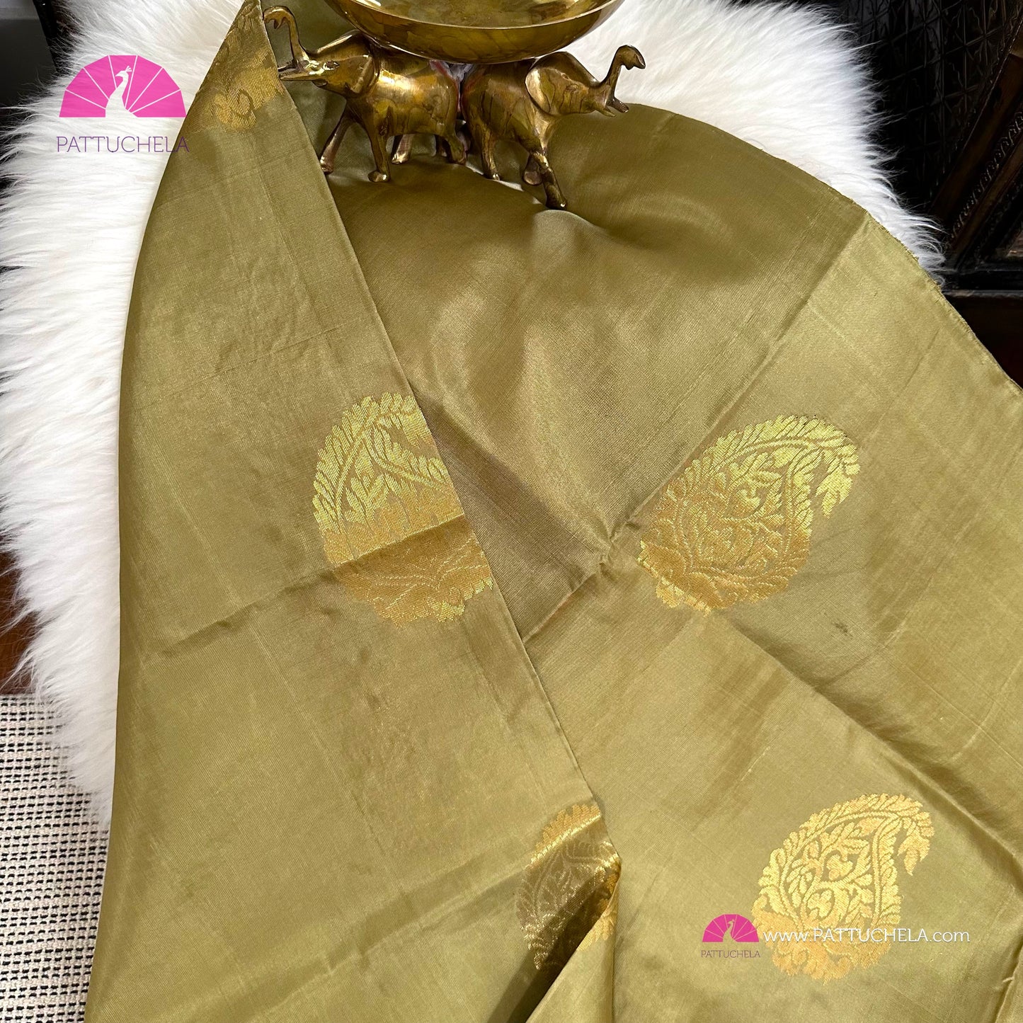 Olive Green Pure Kanchipuram Borderless Soft Silk Saree with Paisley Zari Motifs | Wedding Saree | SILKMARK CERTIFIED | Kanjivaram Silks