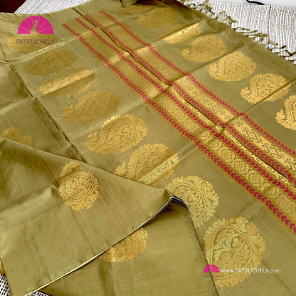 Olive Green Pure Kanchipuram Borderless Soft Silk Saree with Paisley Zari Motifs | Wedding Saree | SILKMARK CERTIFIED | Kanjivaram Silks