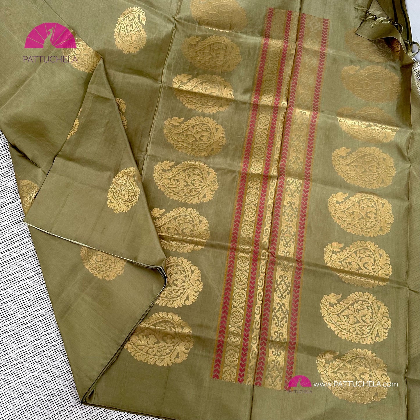 Olive Green Pure Kanchipuram Borderless Soft Silk Saree with Paisley Zari Motifs | Wedding Saree | SILKMARK CERTIFIED | Kanjivaram Silks