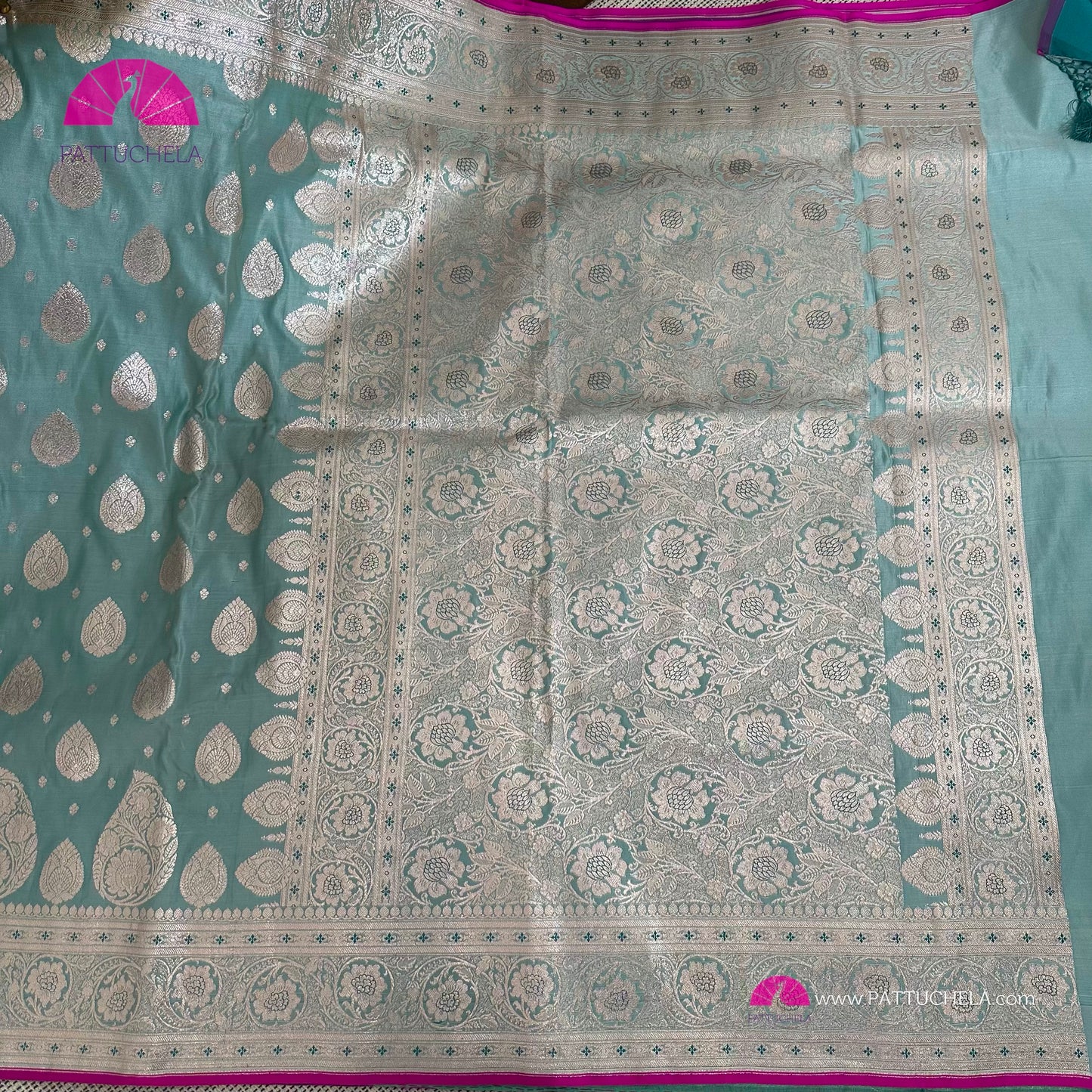 Pastel Blue Banarasi Semi Katan Satin Silk handloom Saree with STITCHED BLOUSE