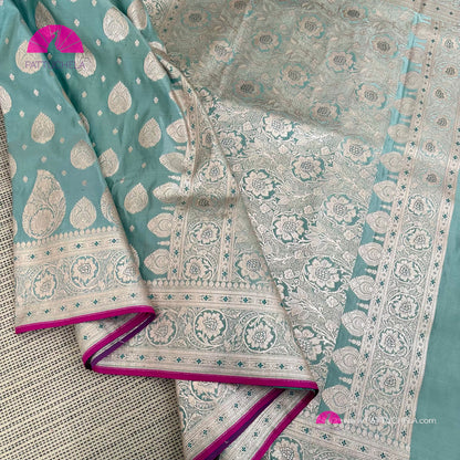 Pastel Blue Banarasi Semi Katan Satin Silk handloom Saree with STITCHED BLOUSE