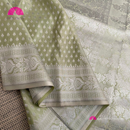 Pastel Green Banarasi Semi Katan Satin Silk handloom Saree with STITCHED BLOUSE