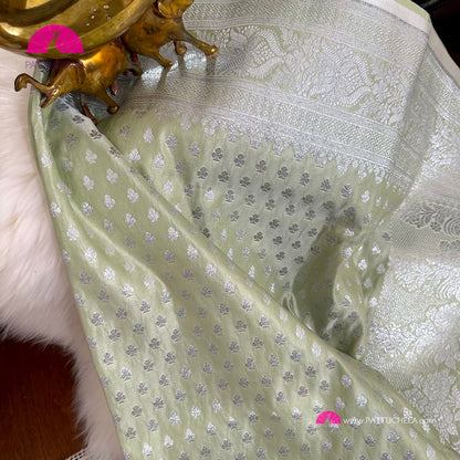 Pastel Green Banarasi Semi Katan Satin Silk handloom Saree with STITCHED BLOUSE