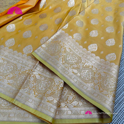 Pastel Yellow Banarasi Semi Katan Satin Silk handloom Saree with STITCHED BLOUSE