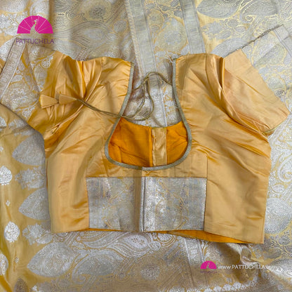 Pastel Yellow Banarasi Semi Katan Satin Silk handloom Saree with STITCHED BLOUSE