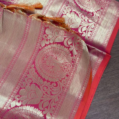 Pink & Orange Dual Tone Floral Kanchipuram Handloom SILK MARK CERTIFIED Saree